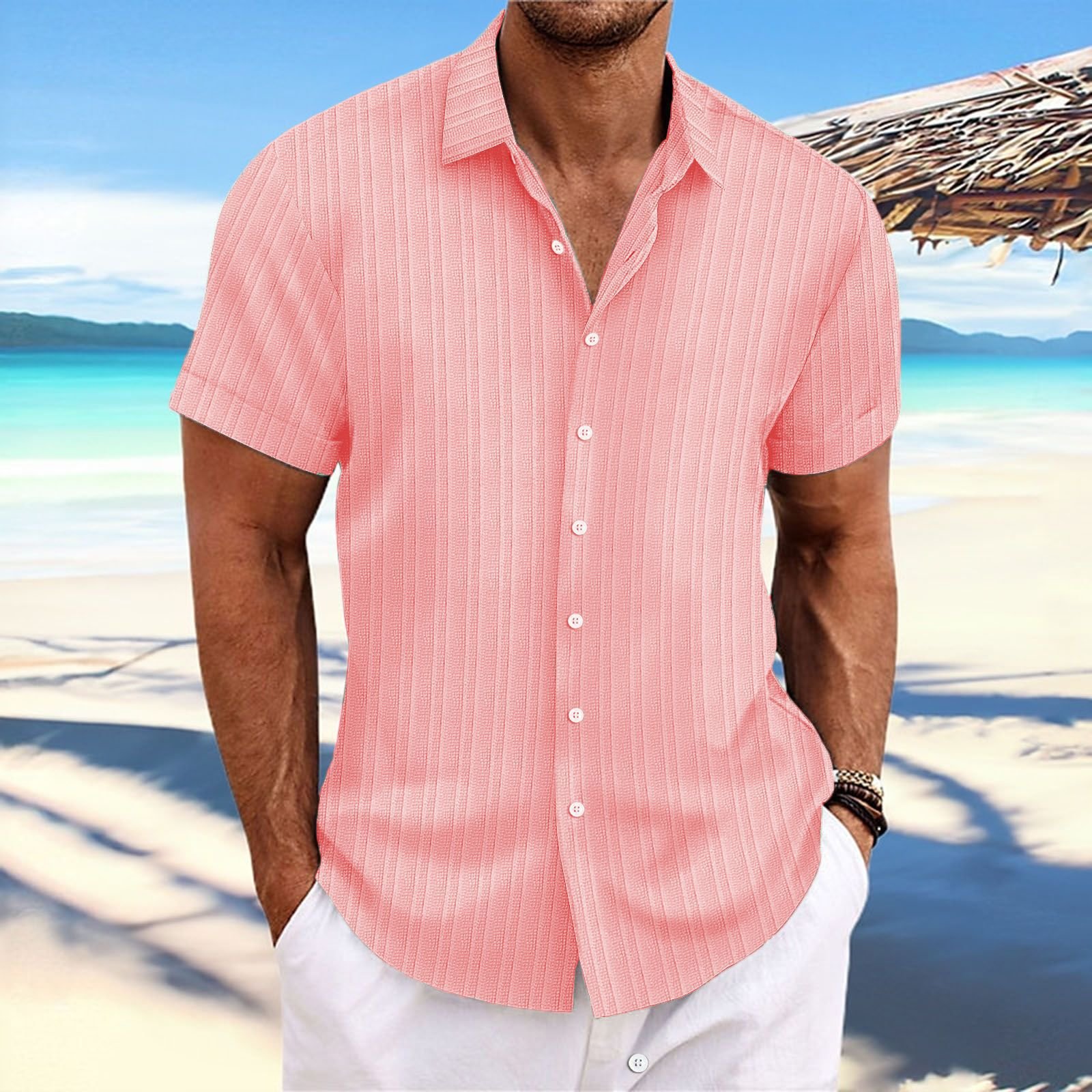 Short Sleeve Button Down Linen Men Shirt - Image 19