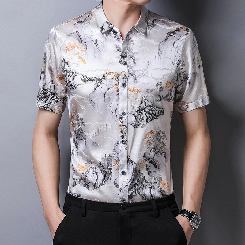 Mulberry Silk Satin Floral Artsy Print Short Sleeves Button Down Men Shirt - Image 4