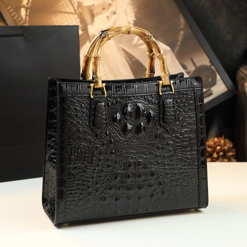 Crocodile-Embossed Bamboo Handle Women Shoulder Messenger Bag - Image 2