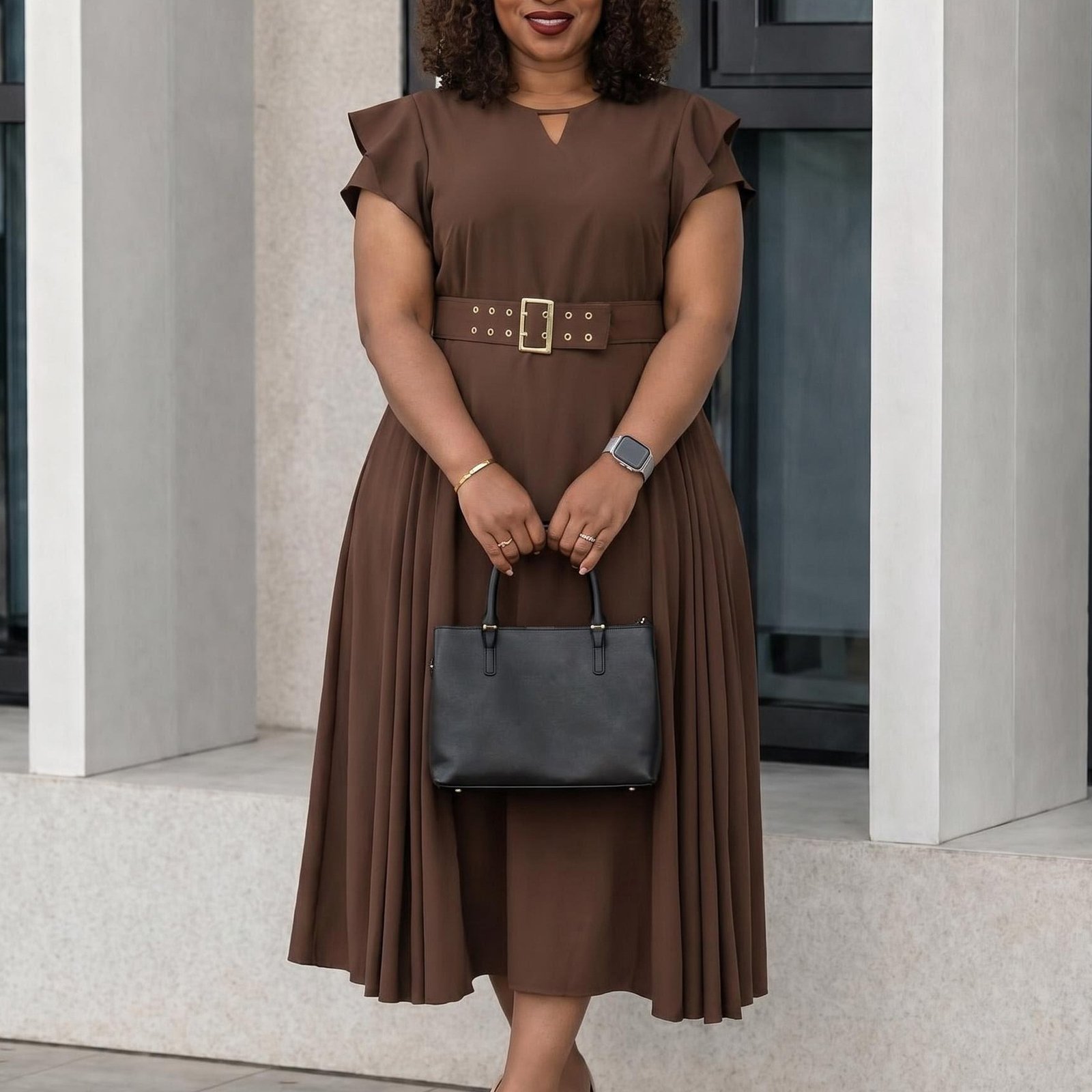Flutter Sleeve Pleated A-Line Midi Dress with Matching Grommet Belt - Image 2
