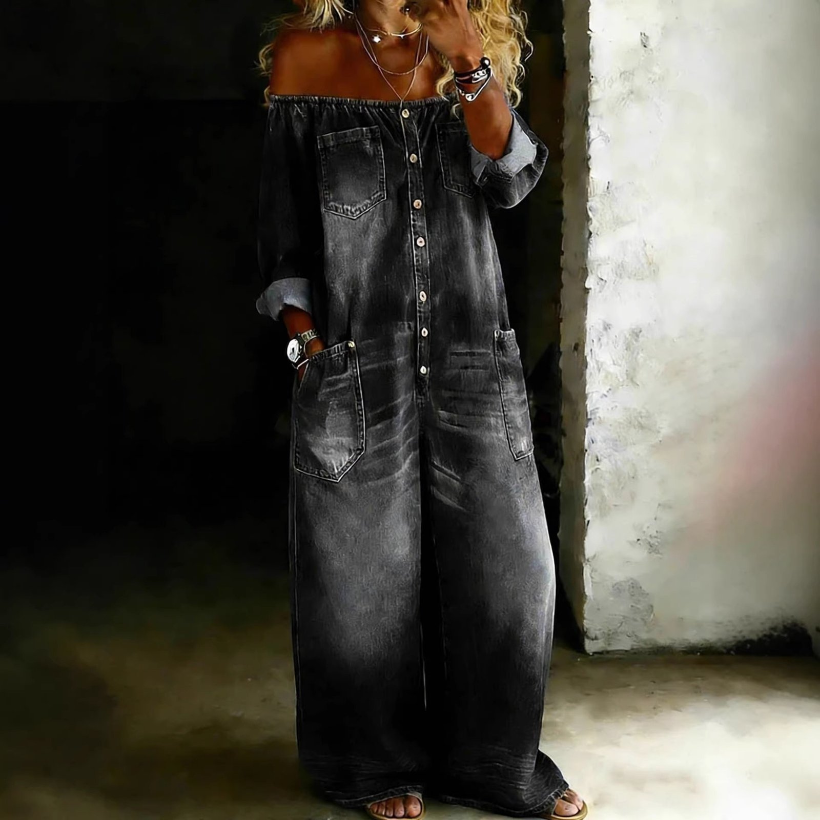 Coastal Chic Single-Breasted Off-Shoulder Washed Women Overalls - Image 4