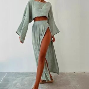 Two-Piece Linen Long Bell Sleeves Crop Top and High-Waisted Skirt Set with High Split