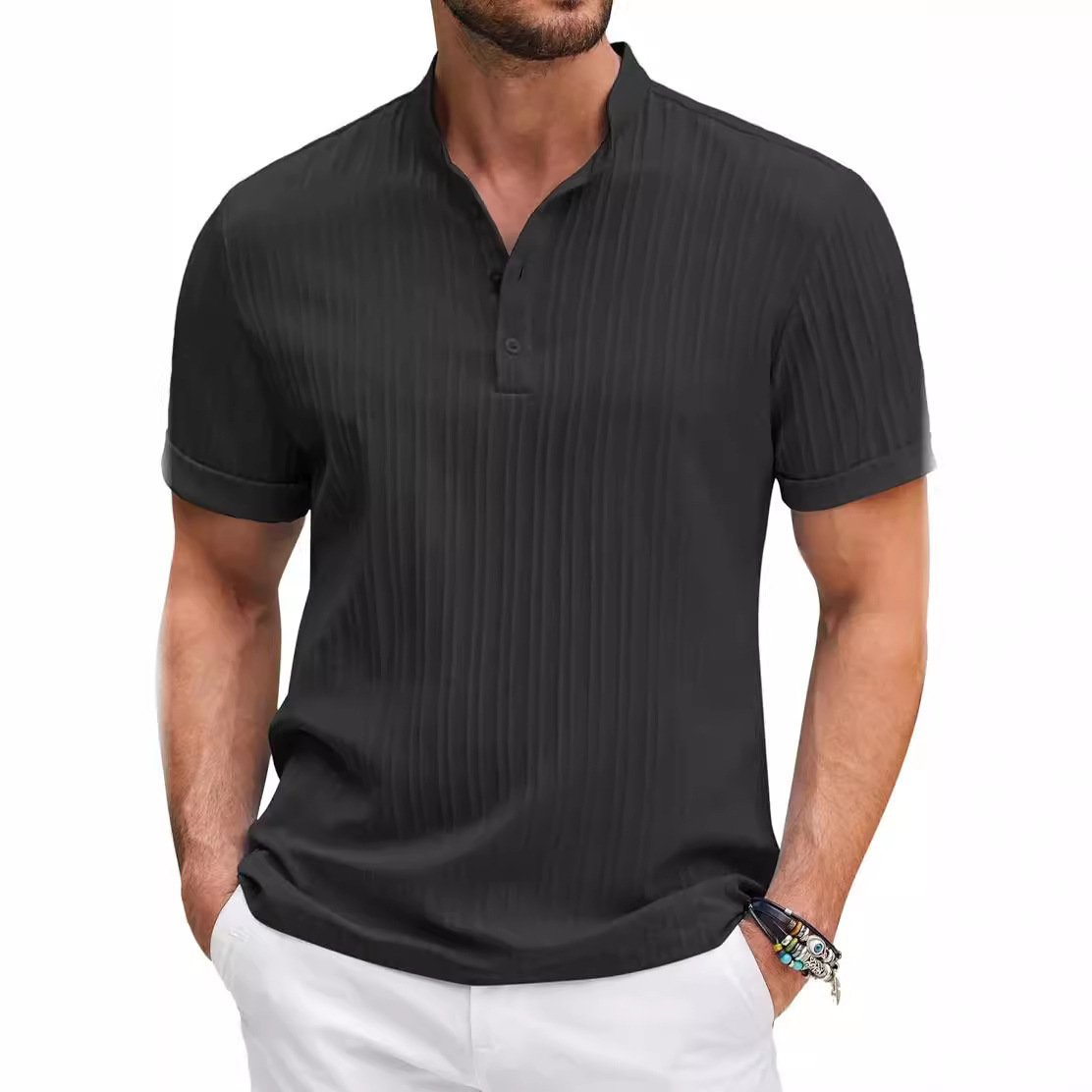 Short Sleeve Quarter Button Stand Collar Men Shirt - Image 2