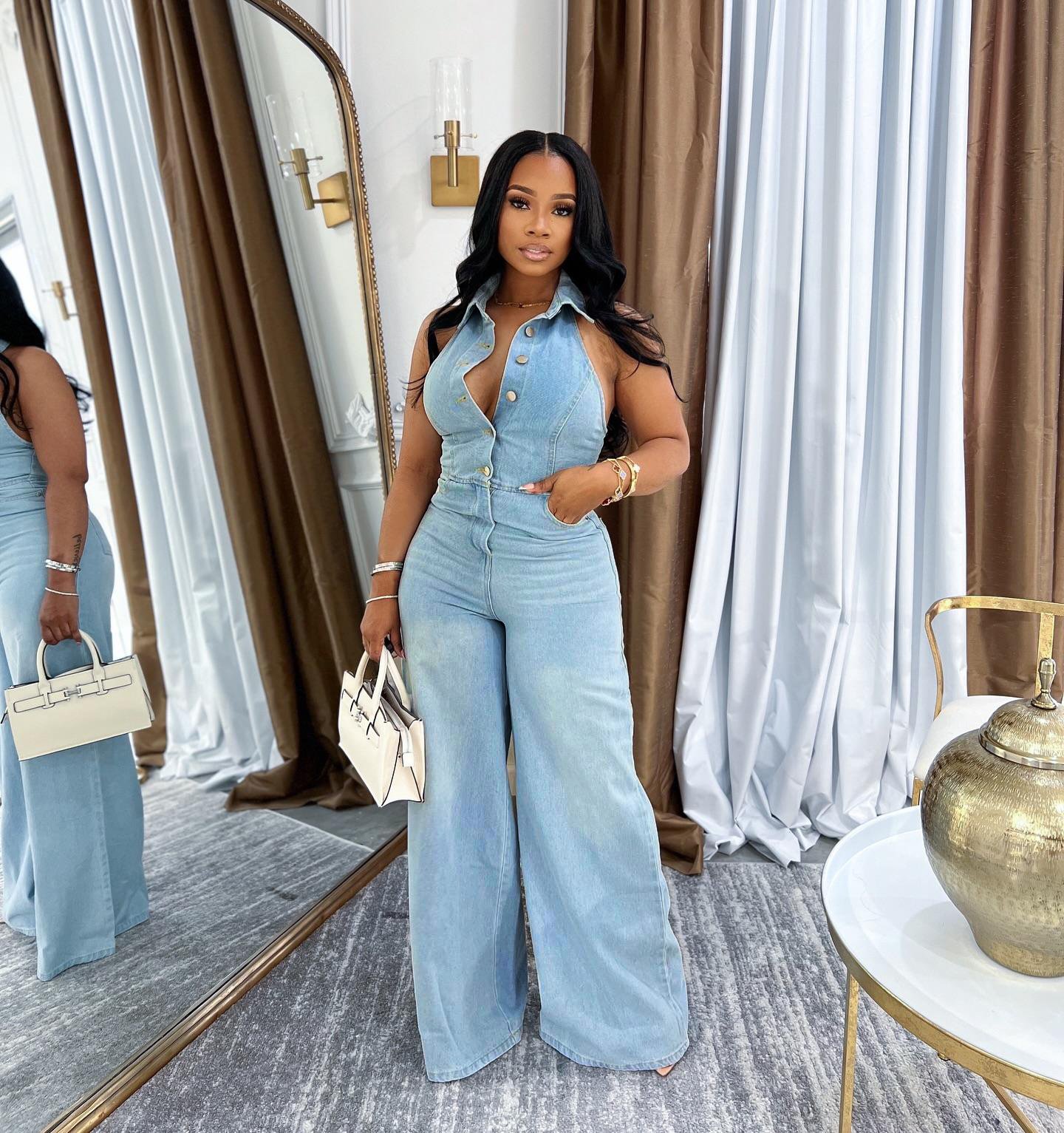 Modern Muse Collared Sleeveless Backless Women Denim Pants Jumpsuit - Image 6