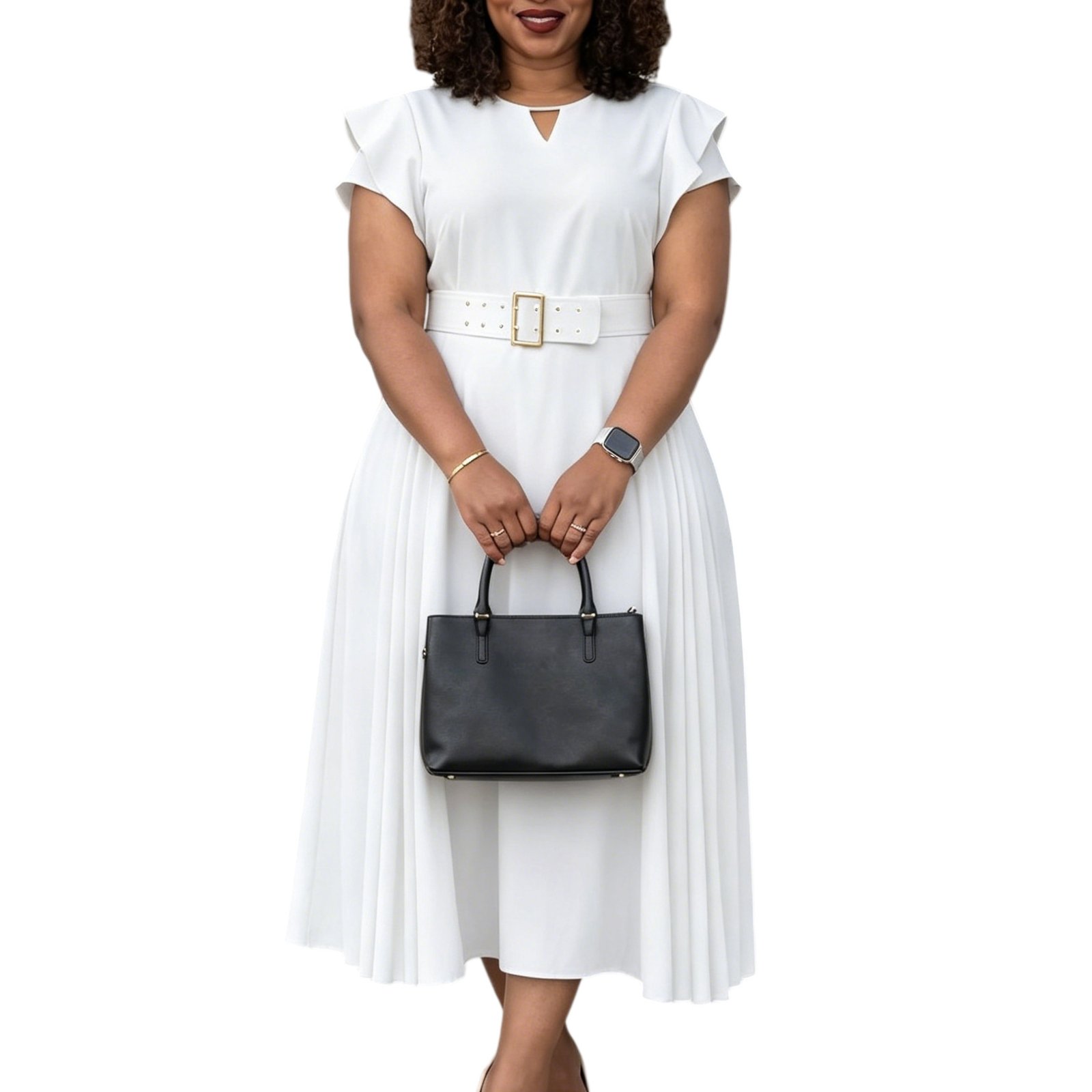 Flutter Sleeve Pleated A-Line Midi Dress with Matching Grommet Belt - Image 9