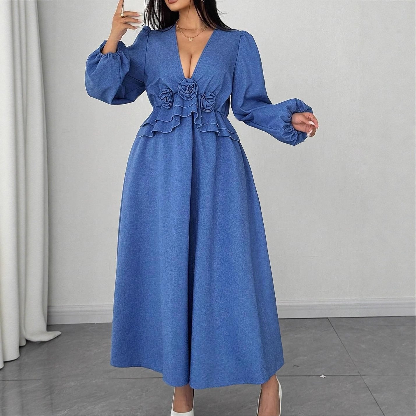 Weekend Luxe V-Neck Waist Cinching Long Sleevee Flower Accent Maxi Dress