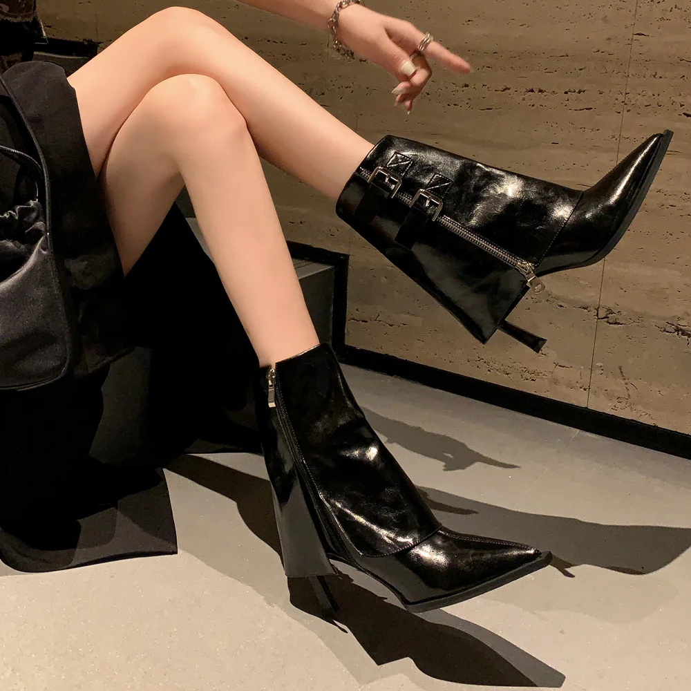 Pointed-Toe Microfiber Leather Short Boots with Sculpted High Heels - Image 4