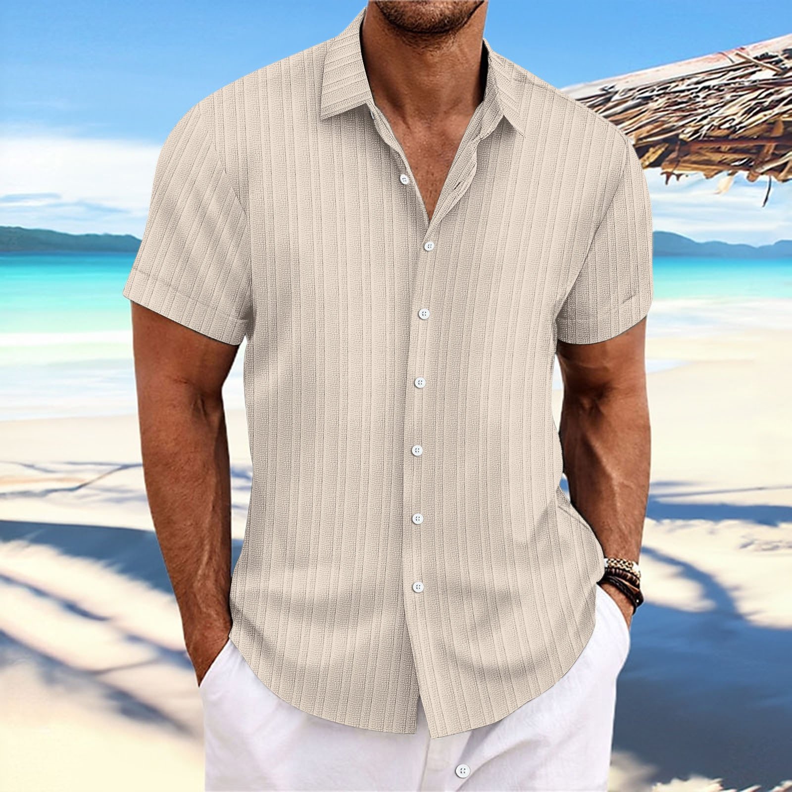 Short Sleeve Button Down Linen Men Shirt - Image 3