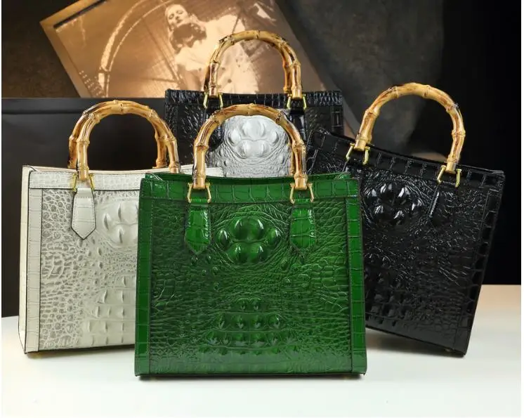 Crocodile-Embossed Bamboo Handle Women Shoulder Messenger Bag - Image 6