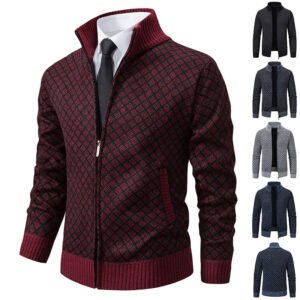 Men's Plaid Zip Cardigan Sweater | Fleece Lined Winter Stand Collar Knit Jacket