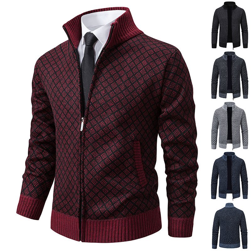 Men's Plaid Zip Cardigan Sweater | Fleece Lined Winter Stand Collar Knit Jacket