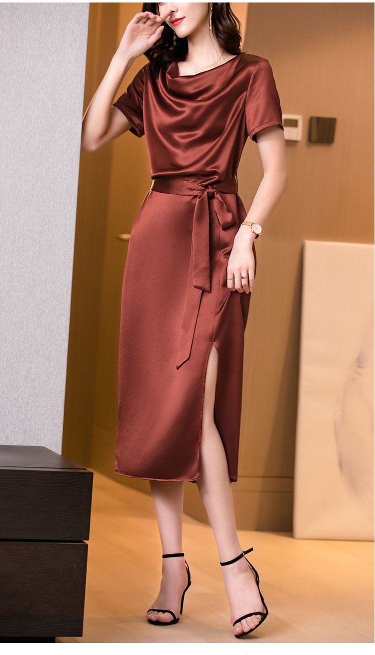 Isla Cowl-Neck Short Sleeves Mulberry Silk Dress with Waist Tie and Side Split - Image 3