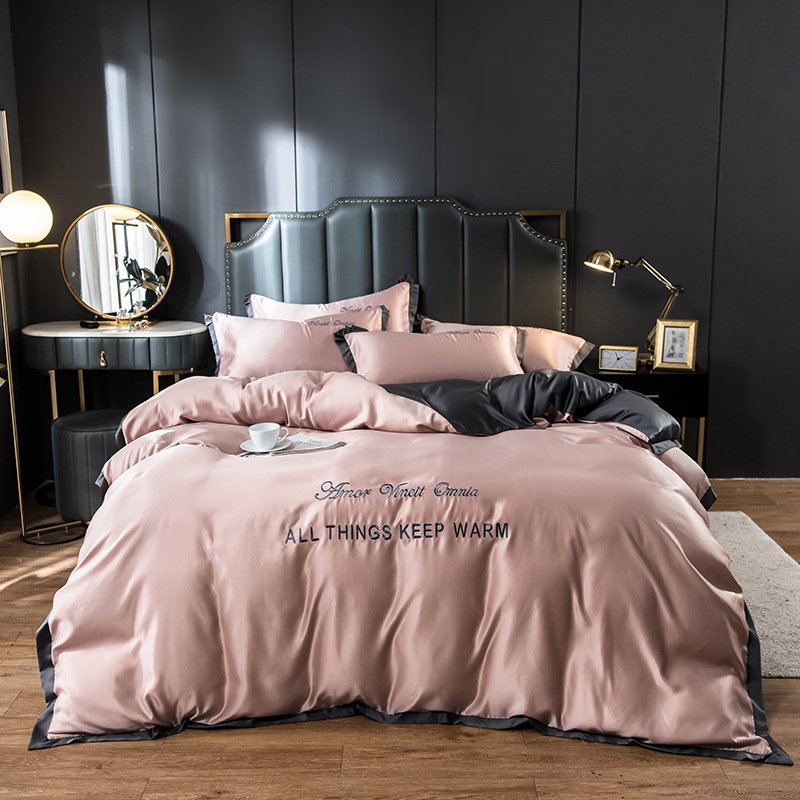 Silk & Modal Embroidered 4-Piece Premium Duvet Set – Elegant Inscribed Bedding