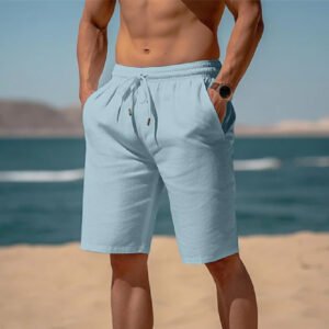 Coastal Breeze Men's Cotton Linen Drawstring Shorts | Casual Multi Pocket Beach Trouser Shorts