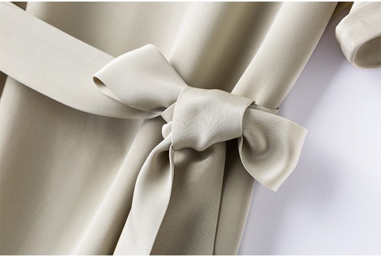 Round Neckline Cuffed Short Sleeves Silk Shift Dress with Self-Tie Belt - Image 9