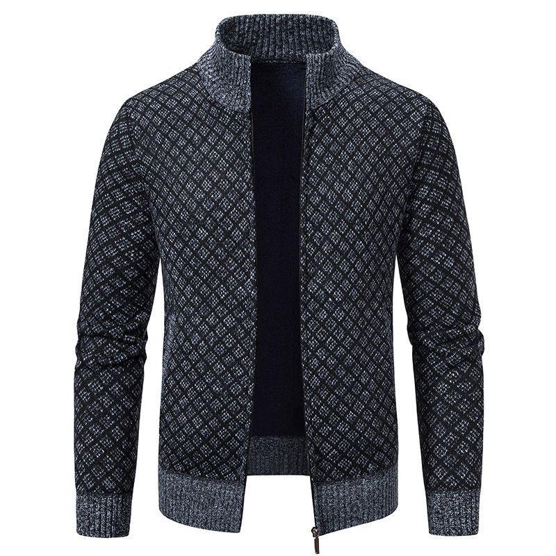 Men's Plaid Zip Cardigan Sweater | Fleece Lined Winter Stand Collar Knit Jacket - Image 6