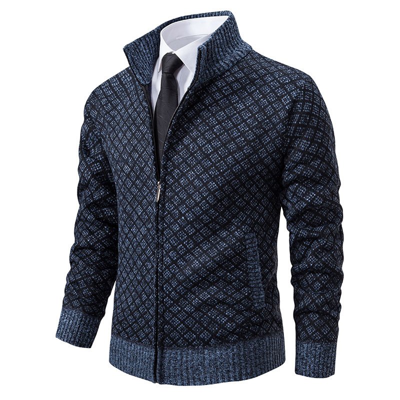 Men's Plaid Zip Cardigan Sweater | Fleece Lined Winter Stand Collar Knit Jacket - Image 8