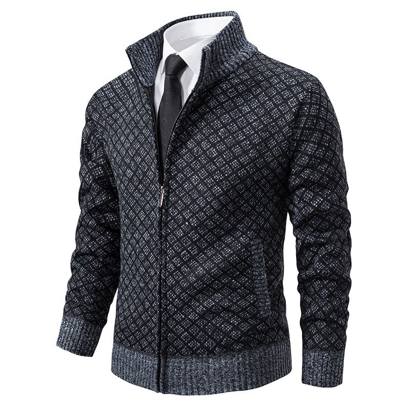 Men's Plaid Zip Cardigan Sweater | Fleece Lined Winter Stand Collar Knit Jacket - Image 9