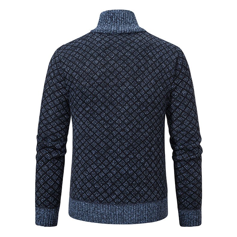 Men's Plaid Zip Cardigan Sweater | Fleece Lined Winter Stand Collar Knit Jacket - Image 7