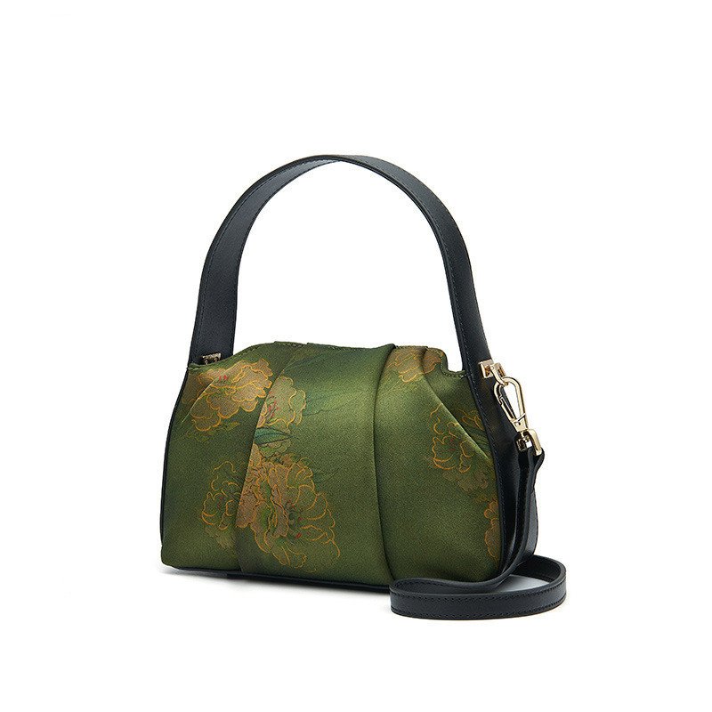 Luxury Mulberry Silk Floral Shoulder Bag - Vintage Ruched Silk Crossbody Handbag - Image 9