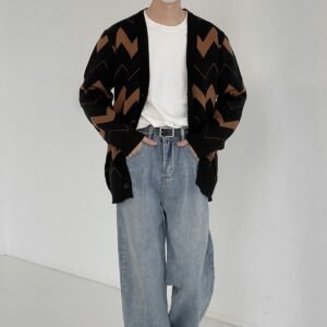 Men’s Geometric Zig-Zag Knit Cardigan – Oversized V-Neck Vintage Button-Up Sweater