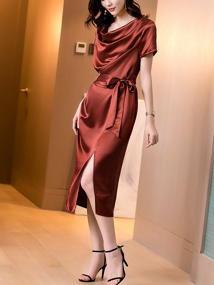 Isla Cowl-Neck Short Sleeves Mulberry Silk Dress with Waist Tie and Side Split - Image 4