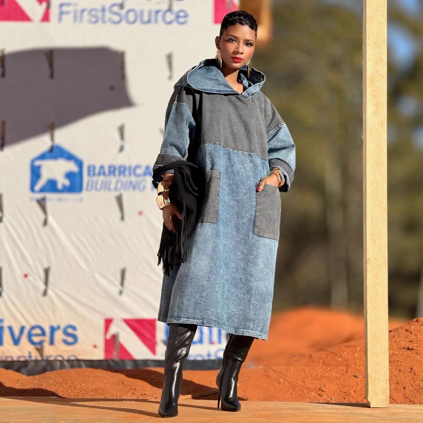 The Laurent Architectural Hooded Denim Caftan Dress