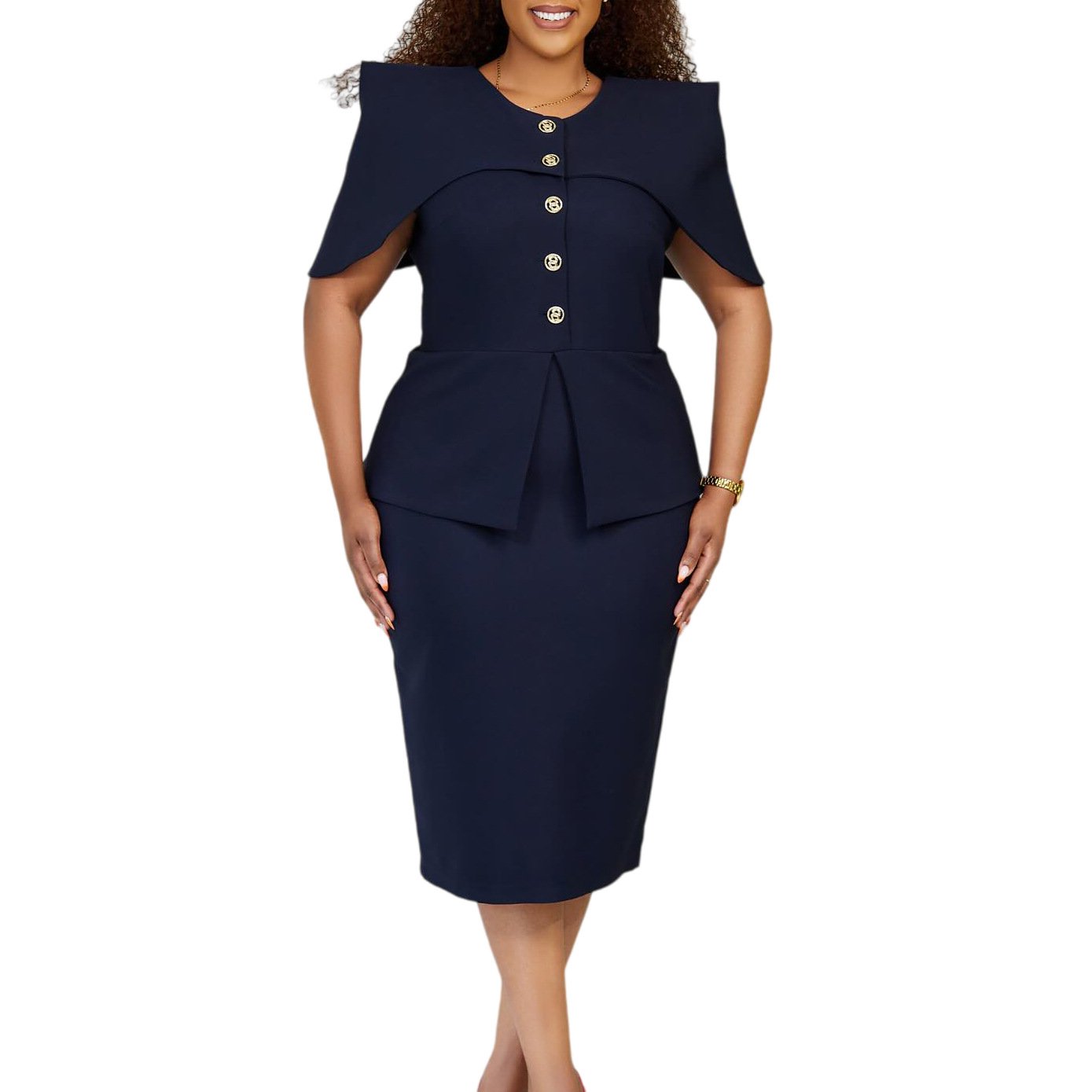 Cape-Sleeve Peplum Button-Down Midi Dress - Image 7