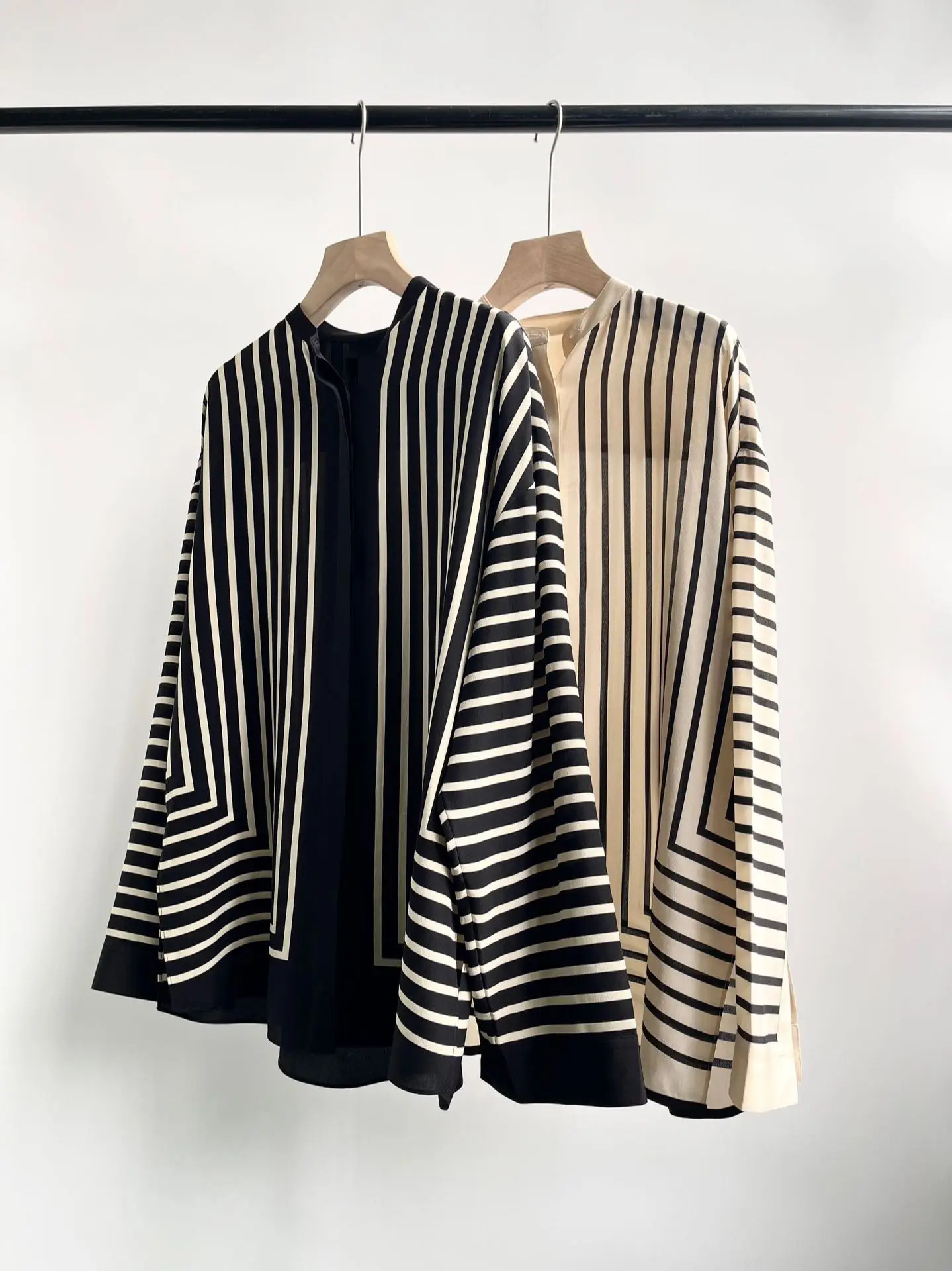 Round Neck Long Bell Sleeves Covered Buttons Silk Women Blouses - Image 4