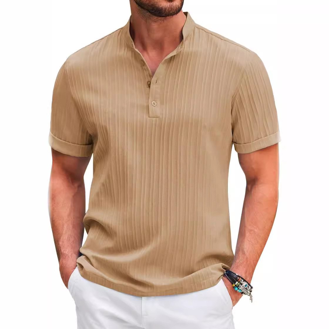 Short Sleeve Quarter Button Stand Collar Men Shirt - Image 5