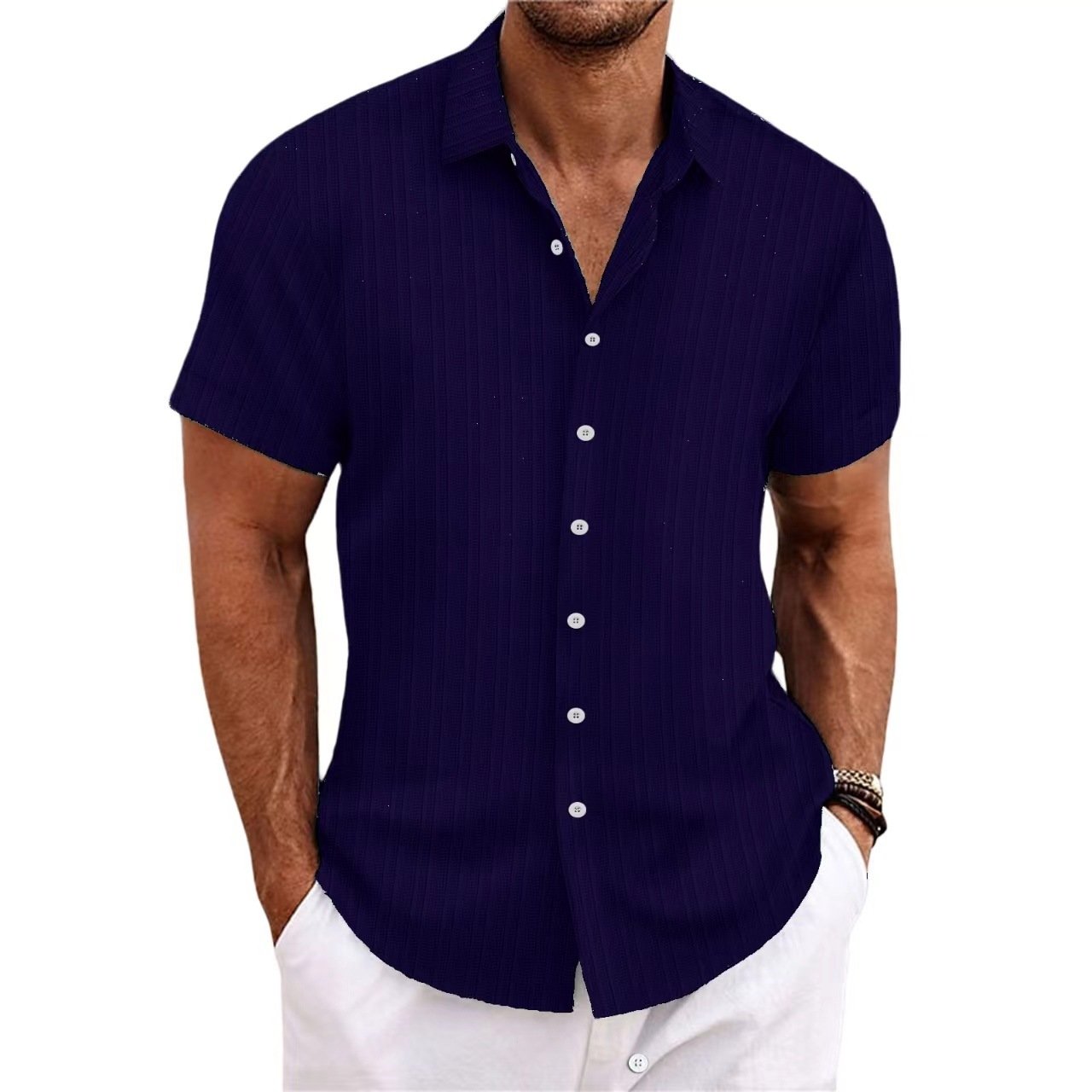Short Sleeve Button Down Linen Men Shirt - Image 16