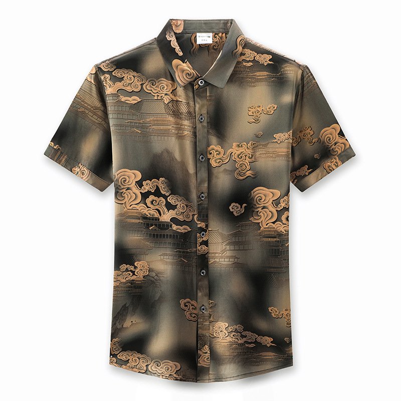 Mulberry Silk Satin Floral Artsy Print Short Sleeves Button Down Men Shirt - Image 5