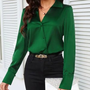 Long Sleeve Asymmetrical Button-Up Emerald Green Silk Blouse