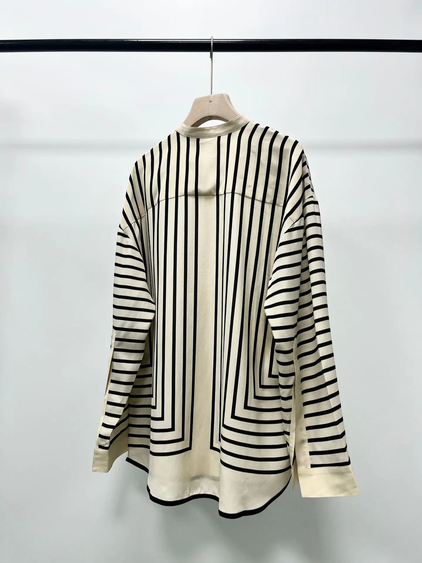 Round Neck Long Bell Sleeves Covered Buttons Silk Women Blouses - Image 6
