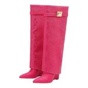 Knee-High Pointed Toe Wedge Fold-Over Boots with Gold Hardware