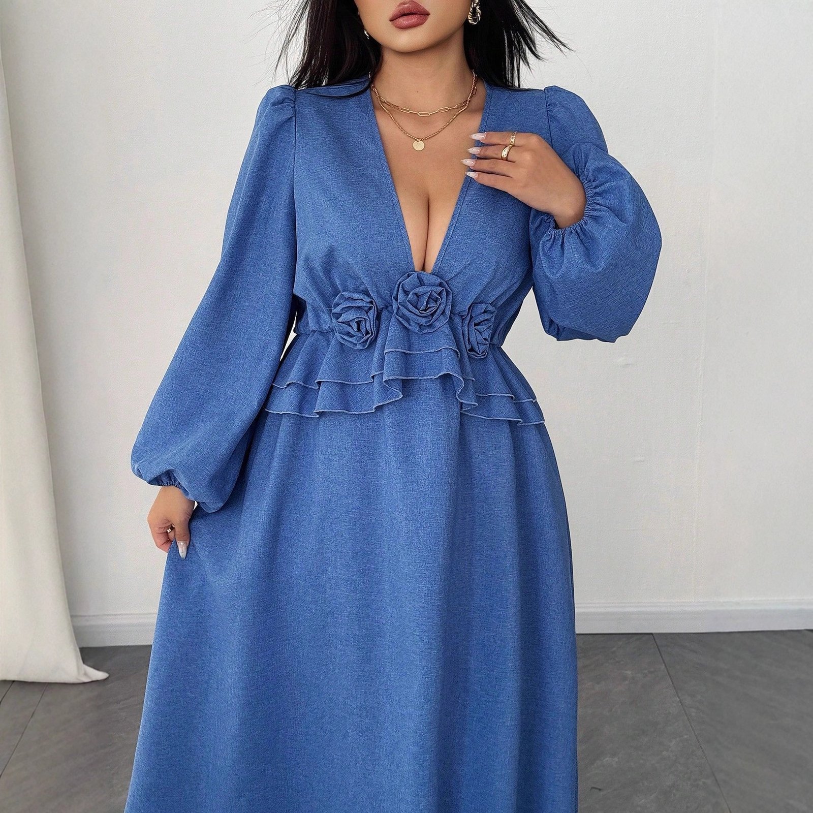 Weekend Luxe V-Neck Waist Cinching Long Sleevee Flower Accent Maxi Dress - Image 3