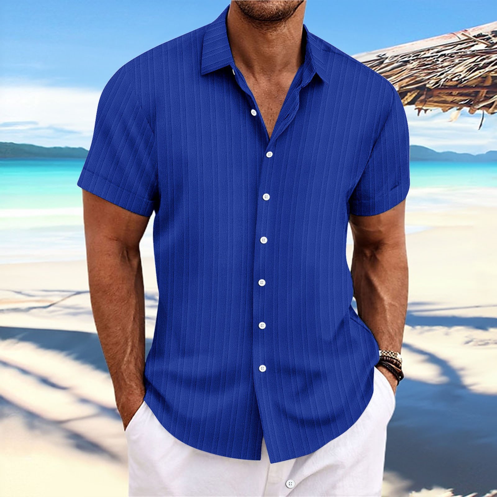 Short Sleeve Button Down Linen Men Shirt - Image 15