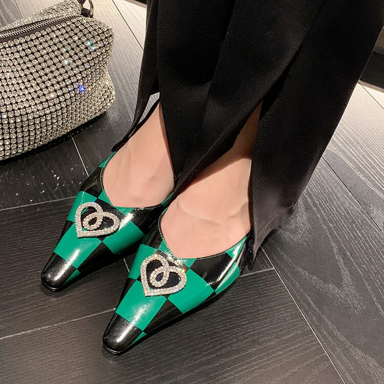 Women's Checkerboard Genuine Leather Mules – Pointed Toe High Heel Sandals with Rhinestone Heart Accent - Image 3