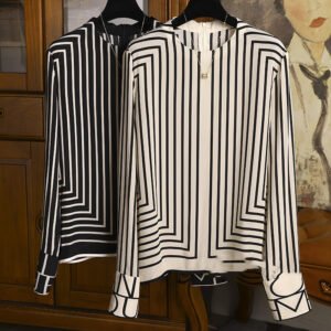 Chiffon Geometric Stripe Print Crew Neck Long Sleeve Women Top