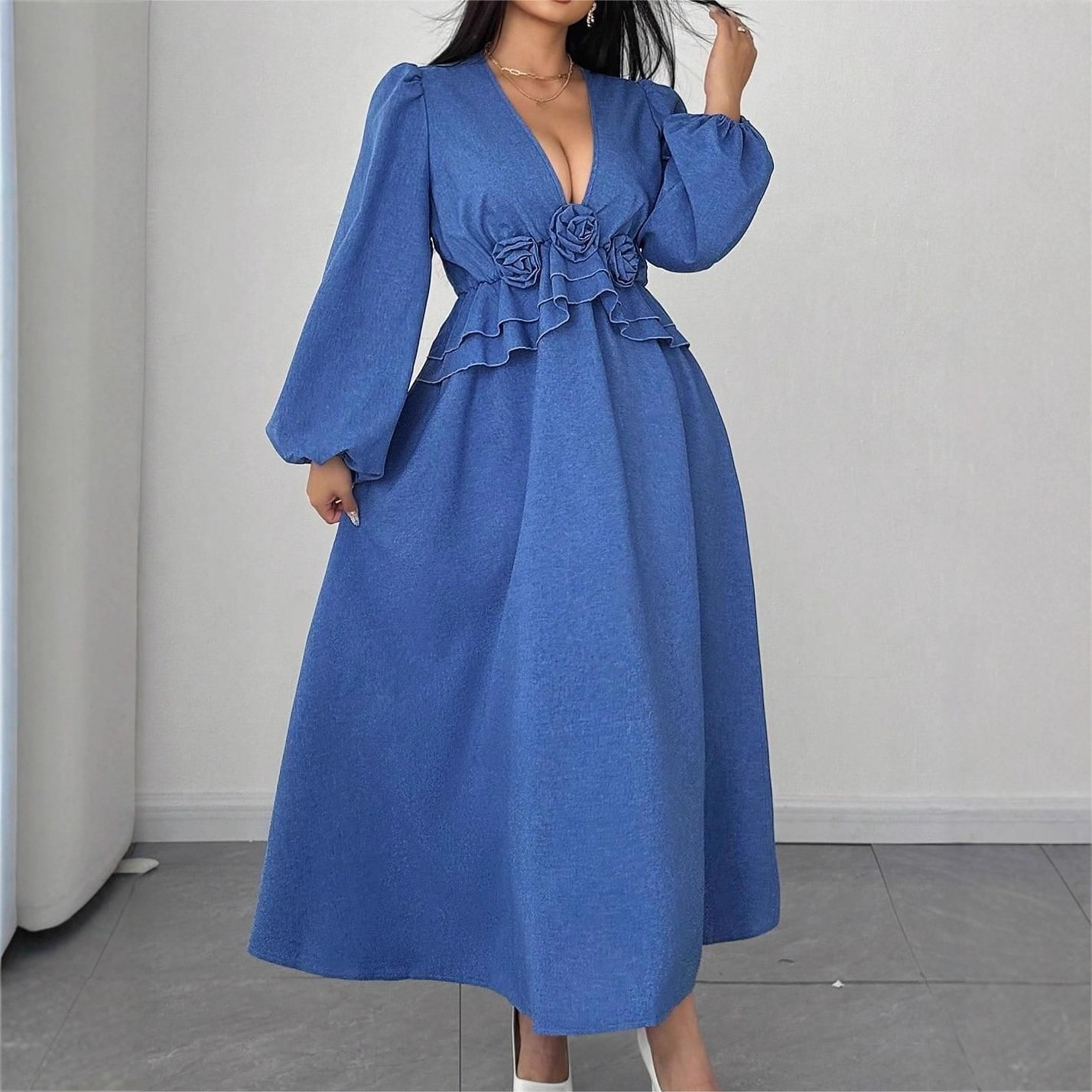 Weekend Luxe V-Neck Waist Cinching Long Sleevee Flower Accent Maxi Dress - Image 4