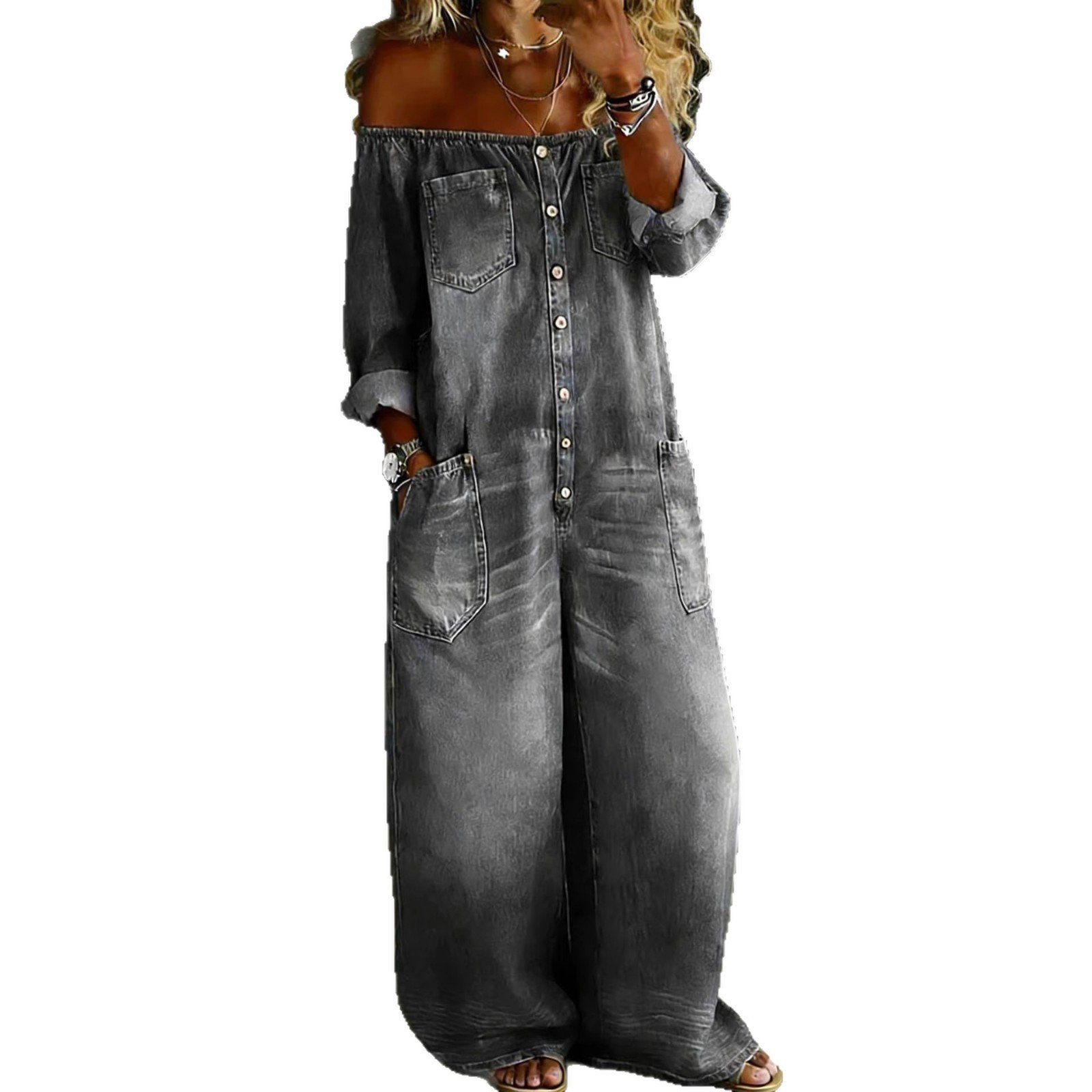 Coastal Chic Single-Breasted Off-Shoulder Washed Women Overalls - Image 5