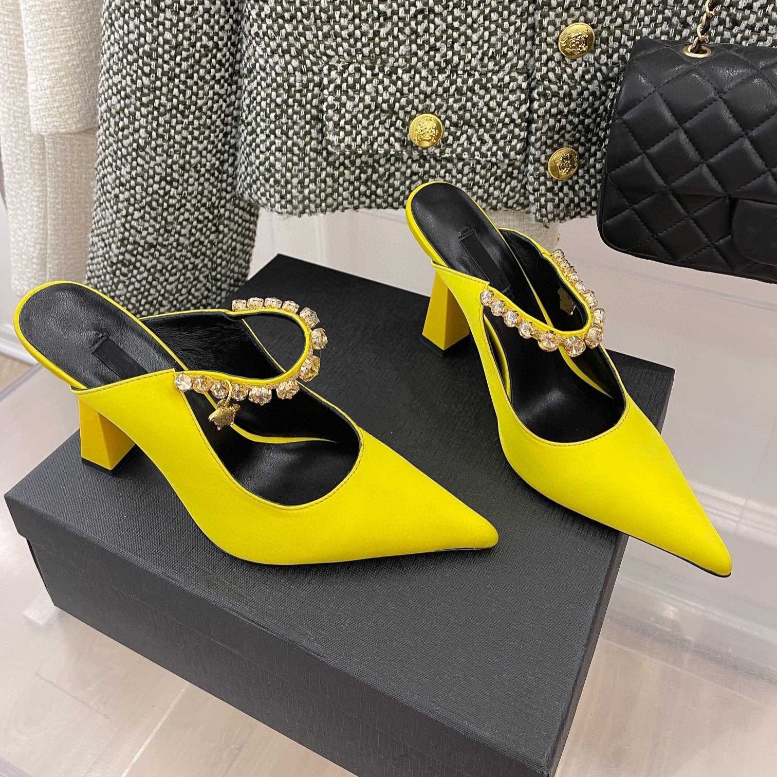 Crystal-Embellished Satin Pointed-Toe Sculpted Heel Mules - Image 6