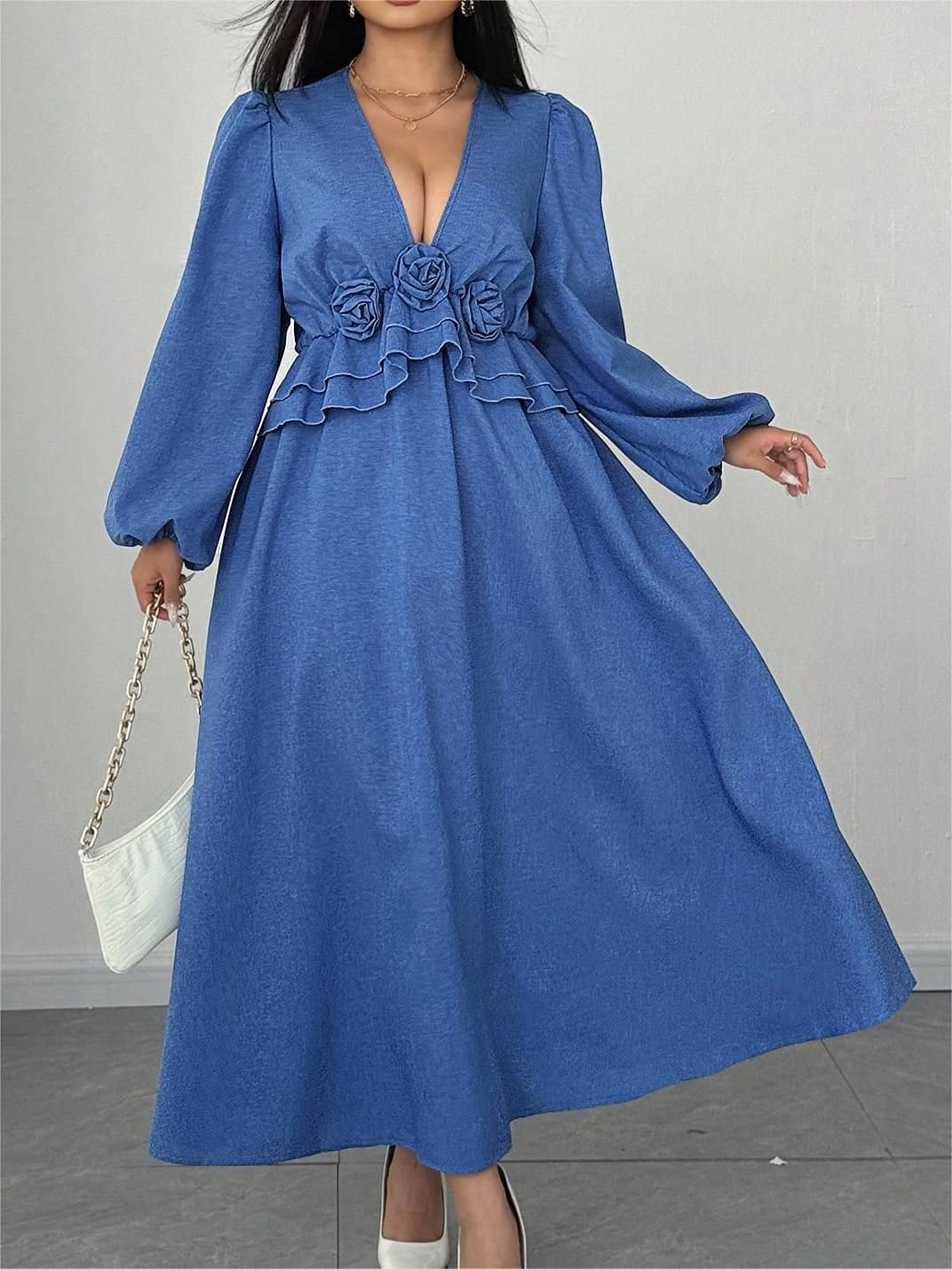 Weekend Luxe V-Neck Waist Cinching Long Sleevee Flower Accent Maxi Dress - Image 6