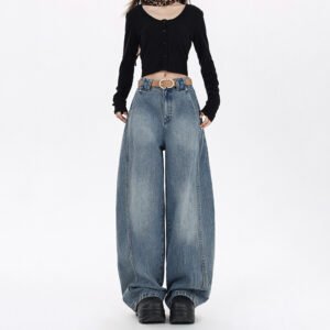 Vintage Style Wide-Leg Loose Medium Denim Women Jeans