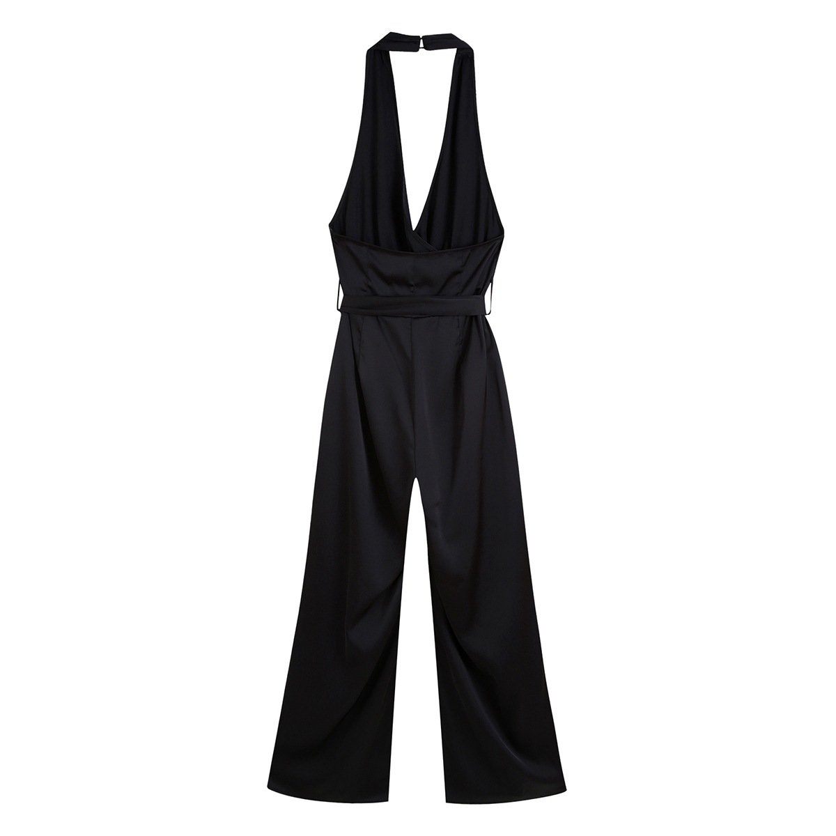 Black Satin Halter Neck Side-Slits Straight Leg Pants Jumpsuit with Waist Bow Tie - Image 5