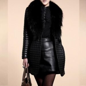Medium Length Quilted Leather-Look Women Coat with Dramatic Faux Fur Shawl Collar