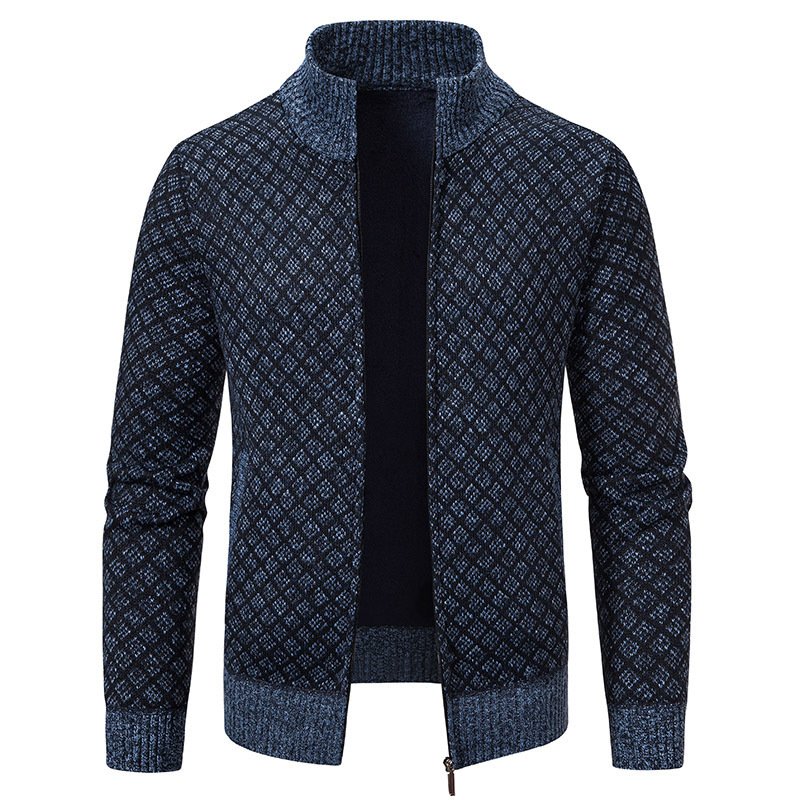 Men's Plaid Zip Cardigan Sweater | Fleece Lined Winter Stand Collar Knit Jacket - Image 10