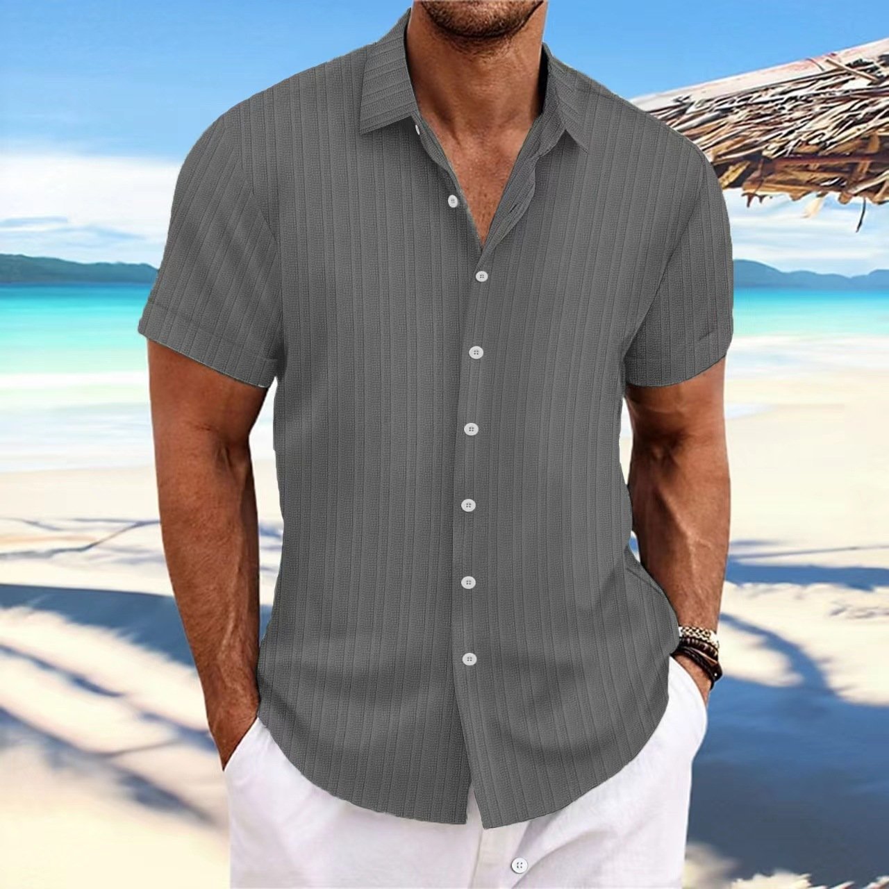 Short Sleeve Button Down Linen Men Shirt - Image 6