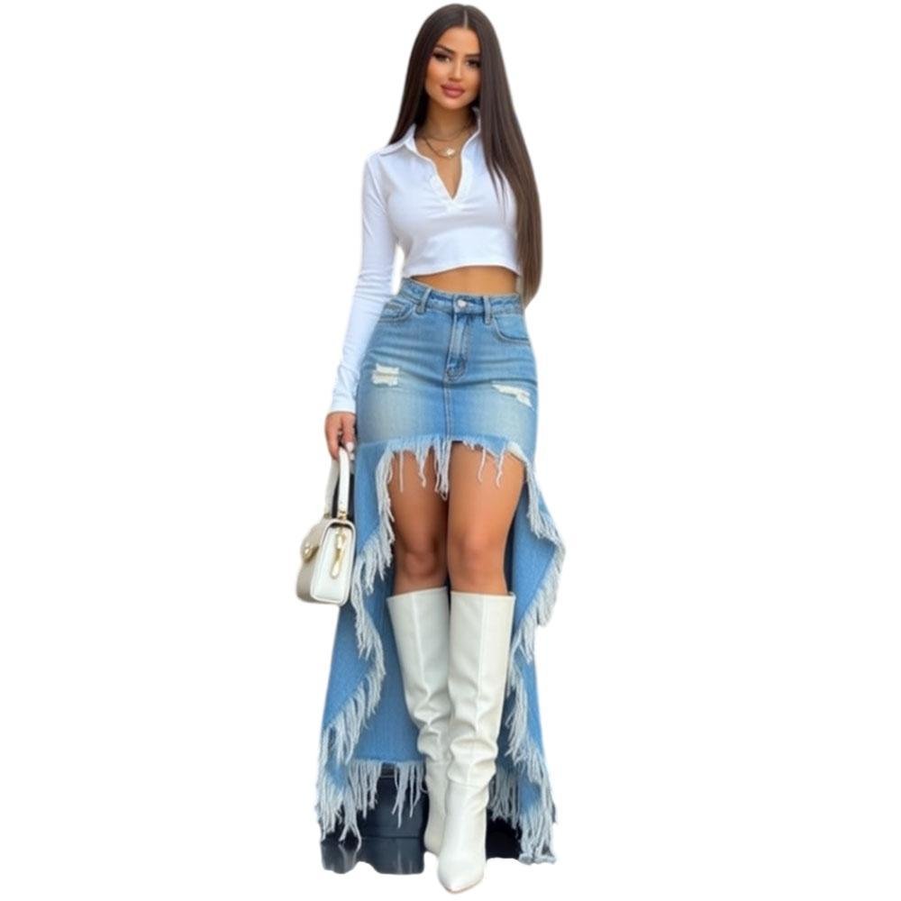 Drama Denim: High-Waisted High-Low Distressed Maxi Skirt with Heavy Fringe Trim - Image 5