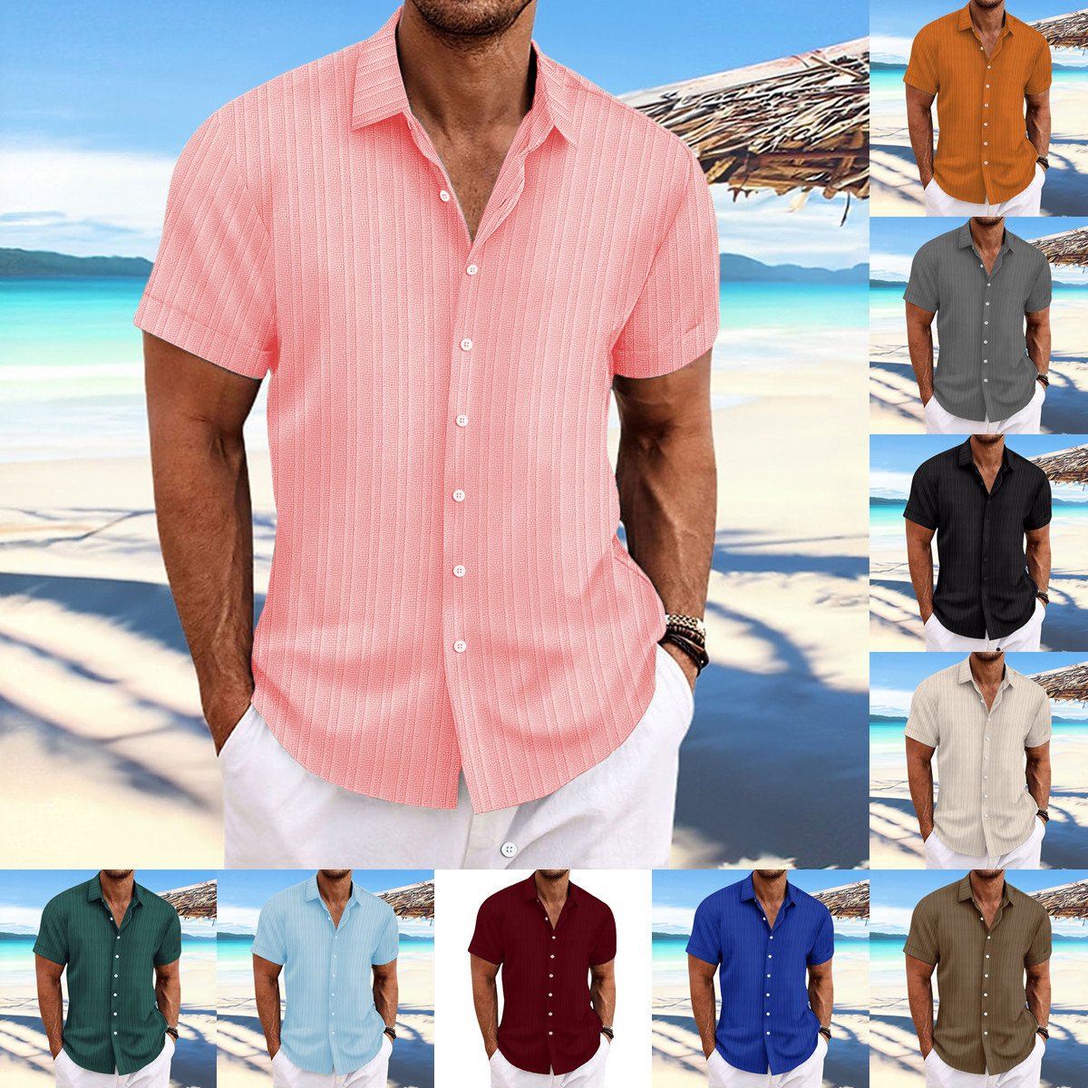 Short Sleeve Button Down Linen Men Shirt - Image 11